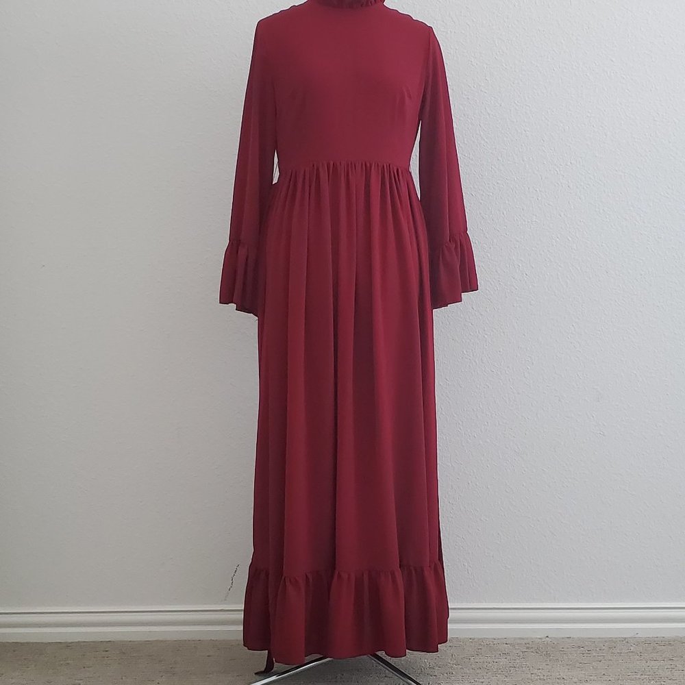 Burgundy ruffle sleeve with belt lightweight womens casual dress